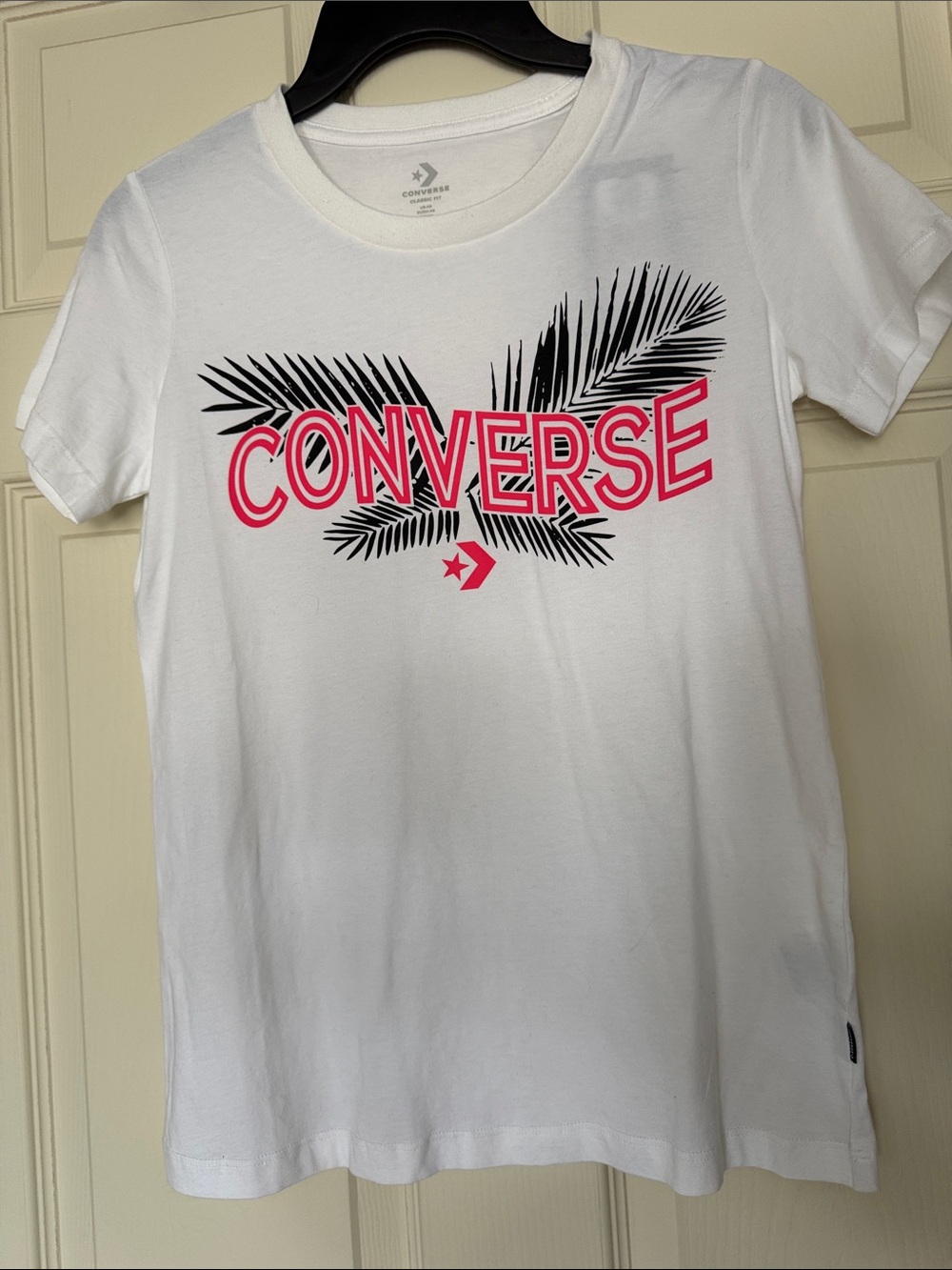 Converse White Tee with Pink Logo and Black Palm Print